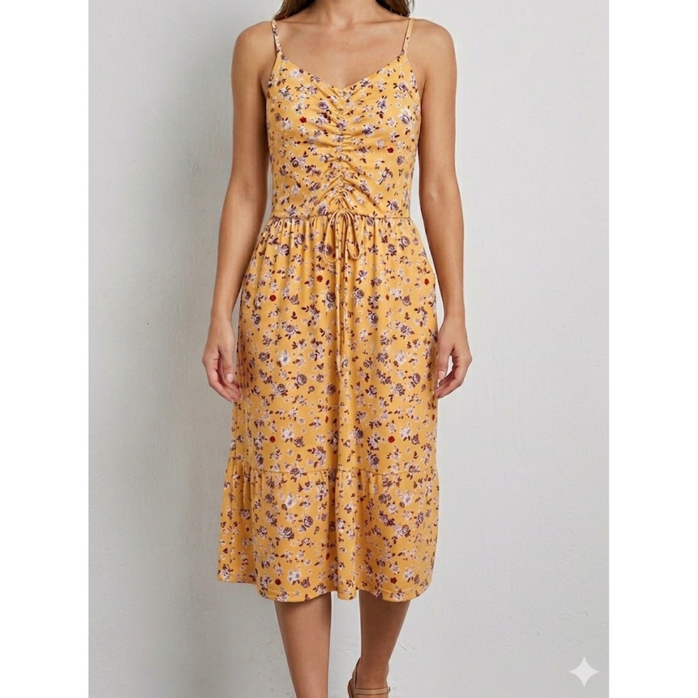 YATHON Women Yellow Floral Ruched Front Spaghetti Strap Dress Large Pockets
